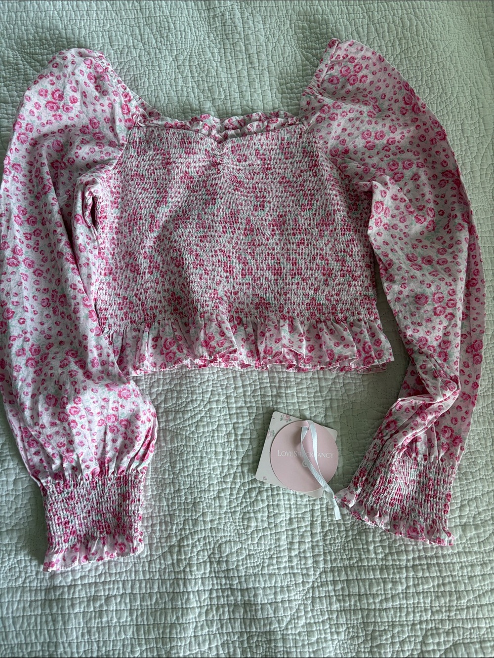 Smocked Pink Floral Puff-Sleeve Crop Top